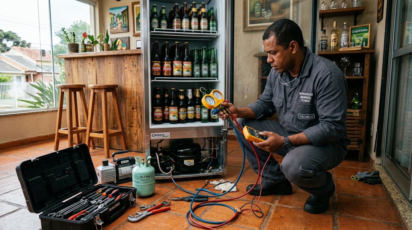 Profissional executando reparo no motor de cervejeira em Juiz de Fora‑MG